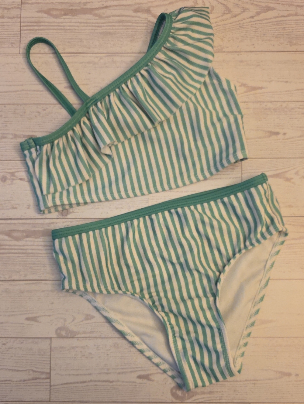 Crown & Ivy Green and White Striped Ruffle Bikini Set